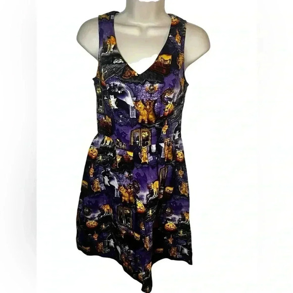 ModCloth Halloween Dress Spooky Cat and Pumpkin Print Sleeveless Skater Dress S - Picture 2 of 13
